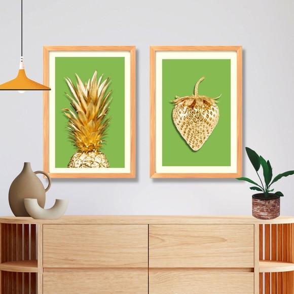 Quadro Grande para Cozinha Abacaxi e Morango Verde 33x43cm