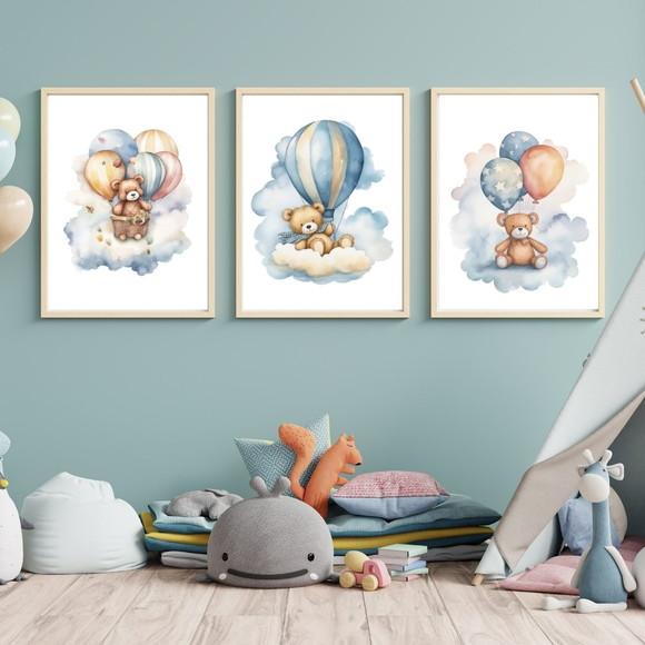 Quadro Grande Quarto de Bebe com Nome Urso Balão Azul 33x43