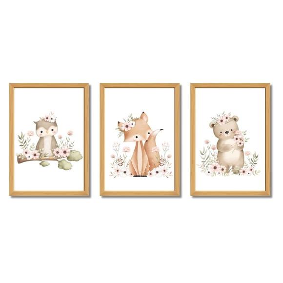 Quadro Infantil Animais da Floresta Coruja Raposa Urso 33x43