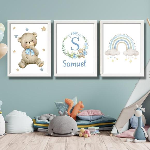 Quadro Infantil Aquarela Personalizado Urso Azul 33x43 cm