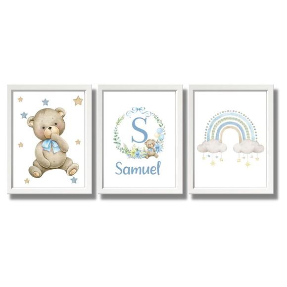Quadro Infantil Aquarela Personalizado Urso Azul 33x43 cm