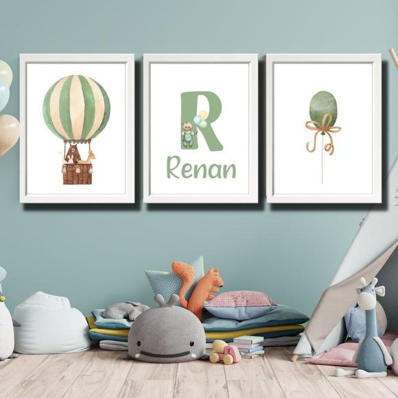 Quadro Infantil Balão Verde Personalizado Nome do Bebe 33x43