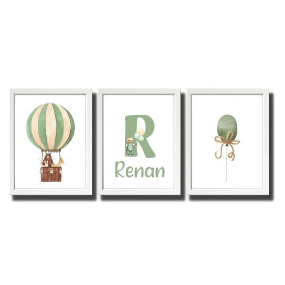 Quadro Infantil Balão Verde Personalizado Nome do Bebe 33x43