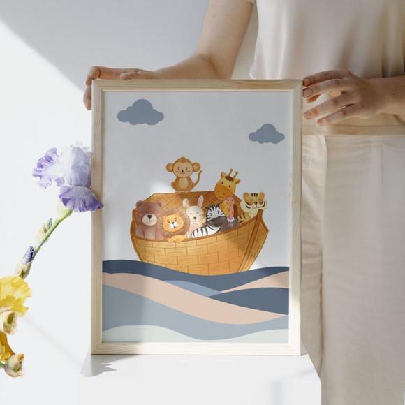 Quadro Infantil Bíblico Arca de Noé com Moldura e Vidro