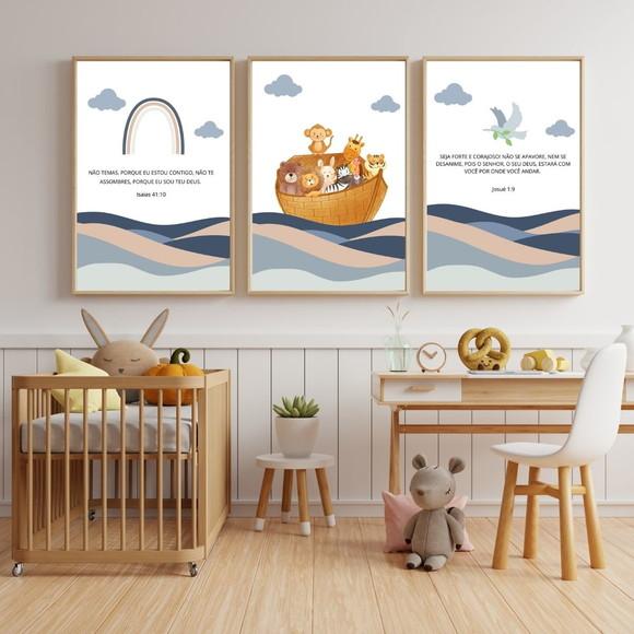 Quadro Infantil Bíblico Arca de Noé com Moldura e Vidro