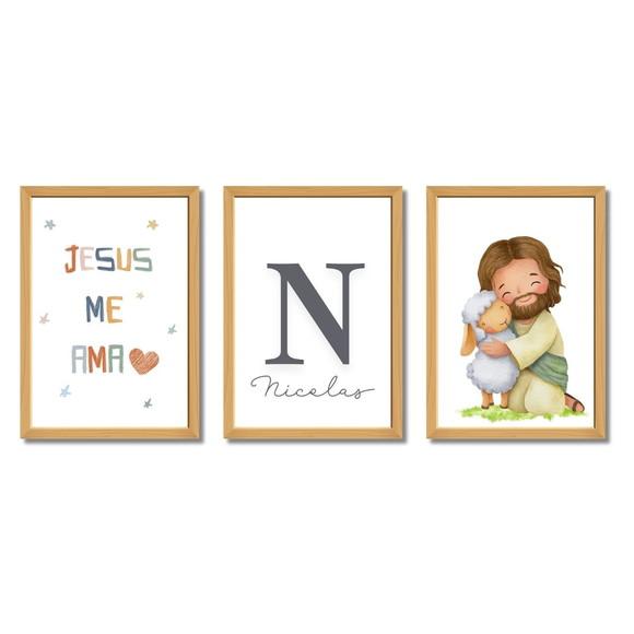 Quadro Infantil Bíblico Jesus Cordeiro Moldura com Vidro