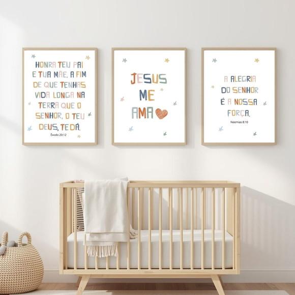 Quadro Infantil Bíblico Proteção em Vidro Moldura de Madeira