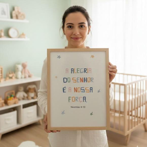 Quadro Infantil Bíblico Proteção em Vidro Moldura de Madeira
