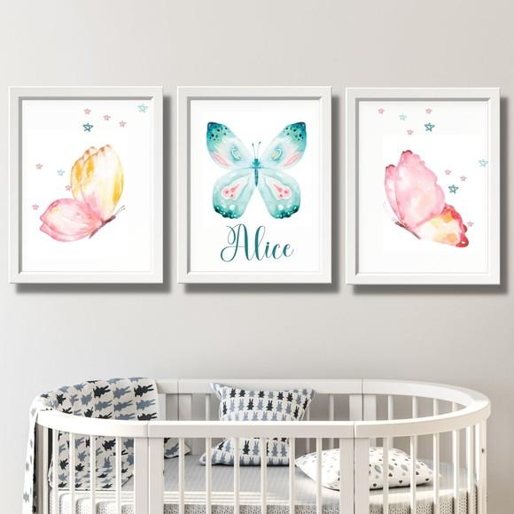 quadro infantil borboletas com nome com moldura/vidro 30x40