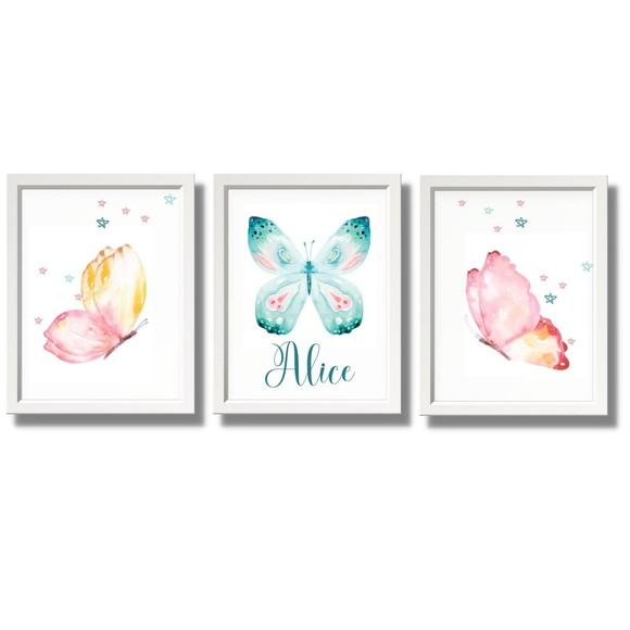 quadro infantil borboletas com nome com moldura/vidro 30x40