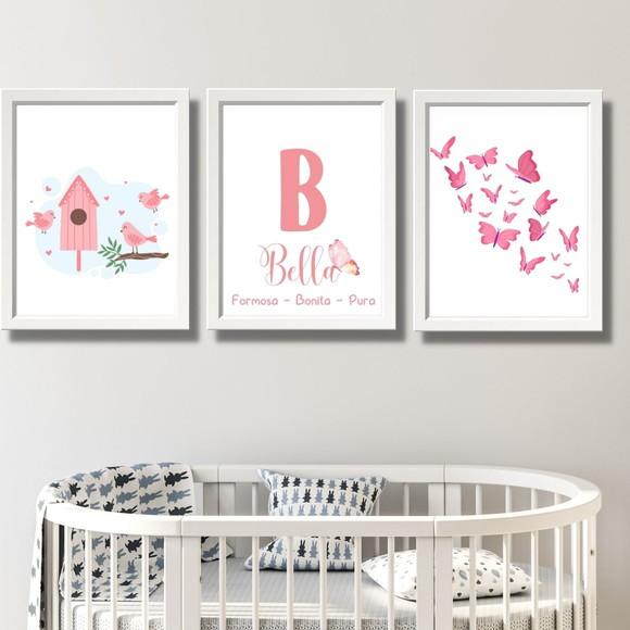 quadro infantil casinha de passaros borboletas personalizado