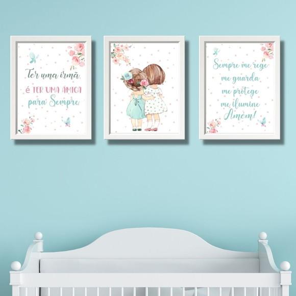 Quadro Infantil com Frase Ter Uma Irmã Menina Aquarela 33x43