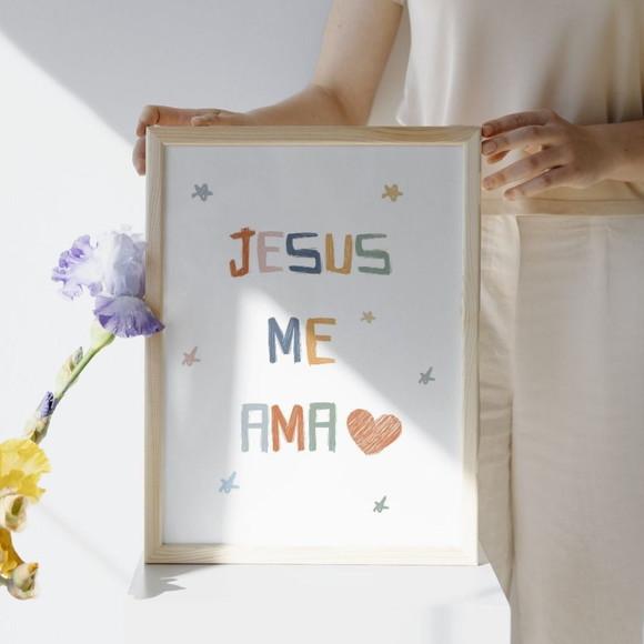 Quadro Infantil Cristão Jesus e Cordeiro para Quarto de Bebê