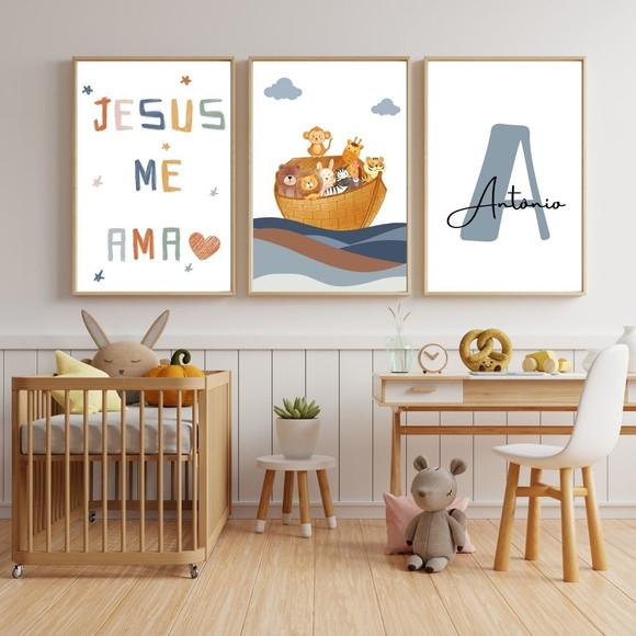 Quadro Infantil Cristão Personalizado Arca de Noé com Vidro