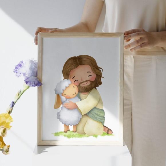 Quadro Infantil Cristão Jesus e Cordeiro para Quarto de Bebê