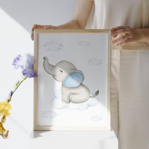 Quadro Infantil de Elefante para Quarto Bebê com Vidro 33x43