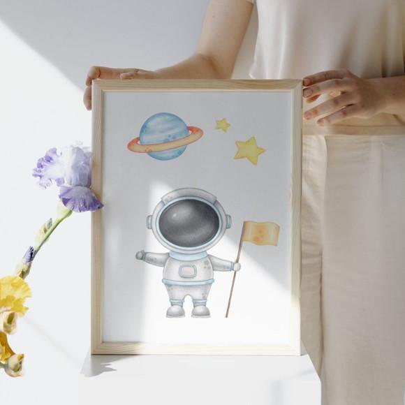 Quadro Infantil Decorativo Astronauta Personalizado c/ Vidro