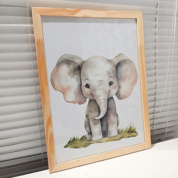 Quadro Infantil Decorativo Elefante Peça Única Moldura 33x43