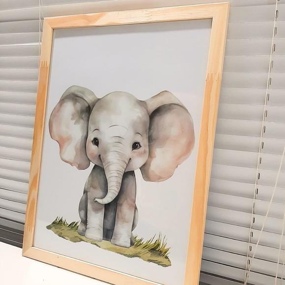 Quadro Infantil Decorativo Elefante Peça Única Moldura 33x43