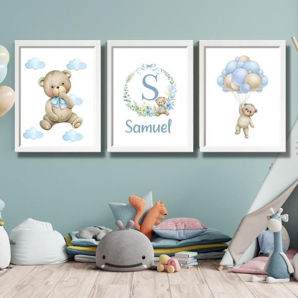 Quadro Infantil Decorativo Trio Azul Urso Balão Nome 33x43