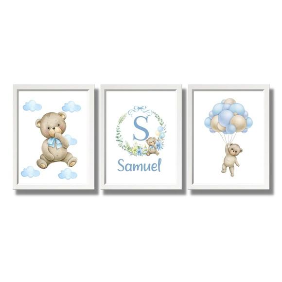 Quadro Infantil Decorativo Trio Azul Urso Balão Nome 33x43