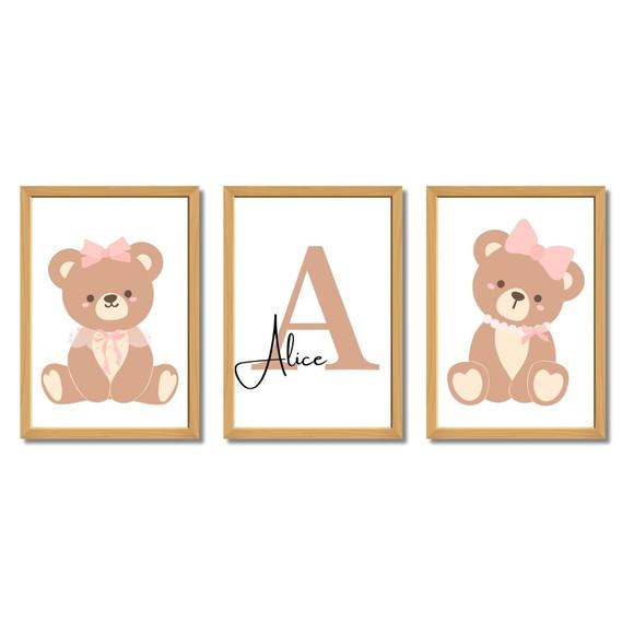 Quadro Infantil Delicado para Menina Personalizado Ursa Rosa