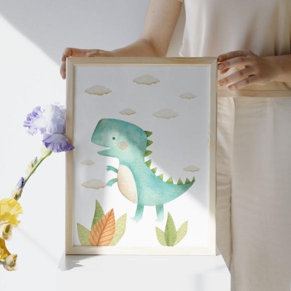 Quadro Infantil Dinossauro | Moldura Madeira e Vidro 33x43cm