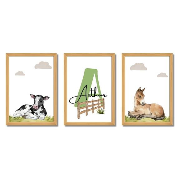 Quadro Infantil Fazendinha Personalizado Nome Moldura 33x43