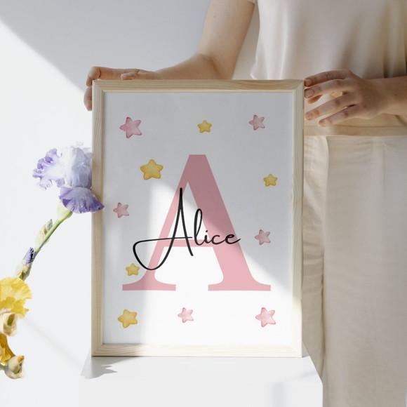Quadro Infantil Feminino com Nome Ursa Rosa Moldura e Vidro