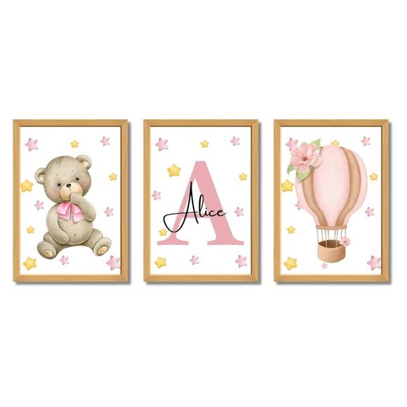 Quadro Infantil Feminino com Nome Ursa Rosa Moldura e Vidro