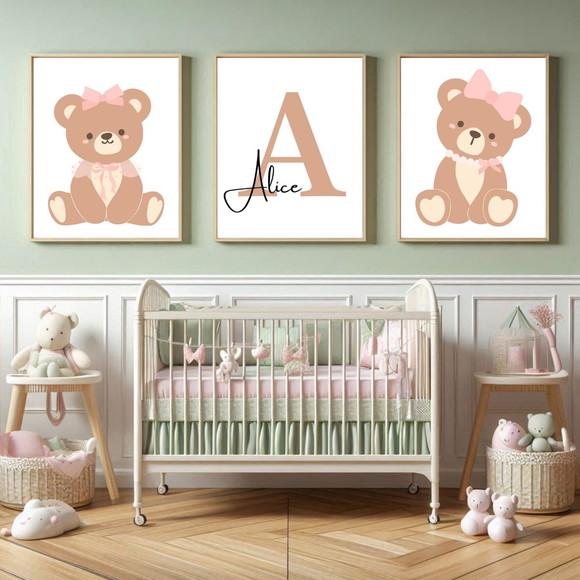 Quadro Infantil Feminino Ursa Personalizado Nome do Bebê