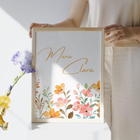 Quadro Infantil Floral Personalizado com Vidro 33x43 cm