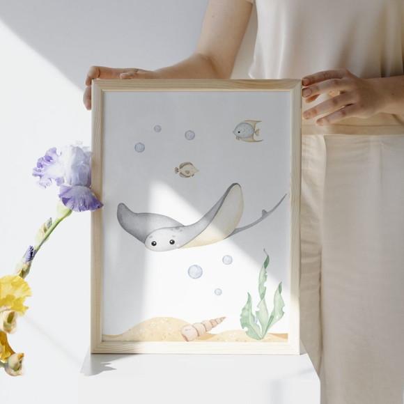Quadro Infantil Fundo do Mar Aquarela Moldura com Vidro