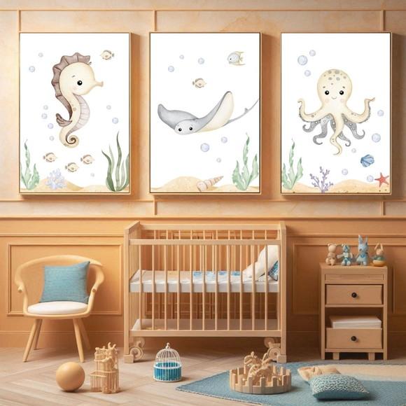 Quadro Infantil Fundo do Mar Aquarela Moldura com Vidro