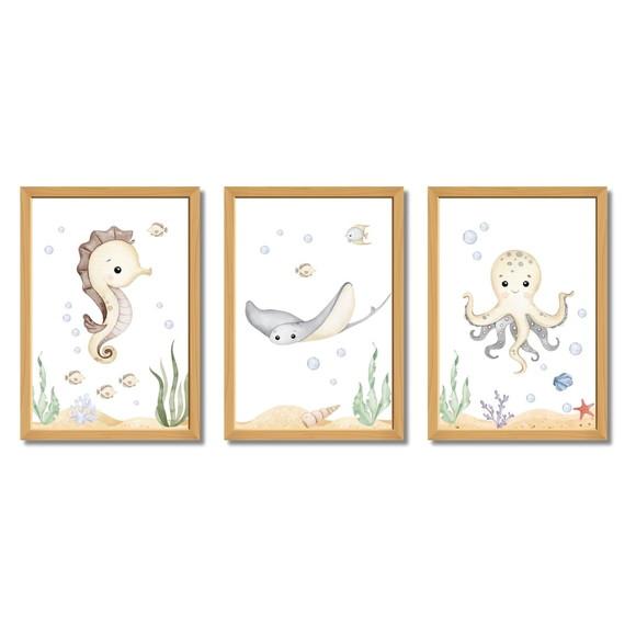 Quadro Infantil Fundo do Mar Aquarela Moldura com Vidro