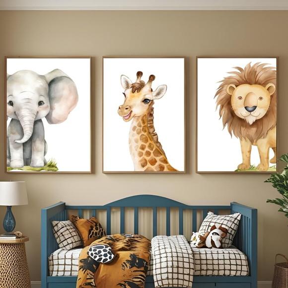 Quadro Infantil Girafa Leão Elefante Moldura com Vidro