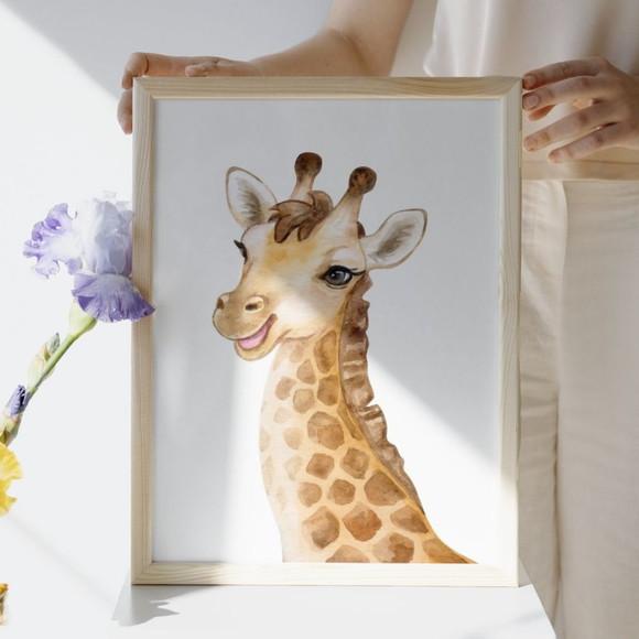 Quadro Infantil Girafa Leão Elefante Moldura com Vidro