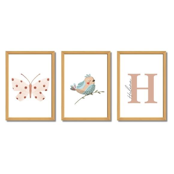 Quadro Infantil Menina Borboleta Pássaro | Proteção em Vidro