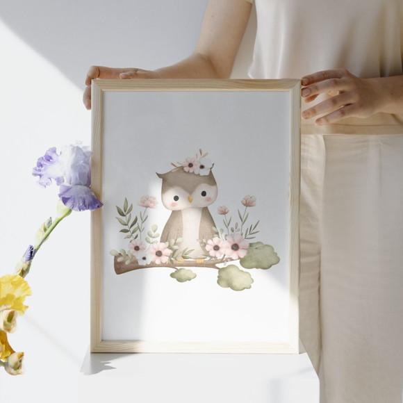 Quadro Infantil Menina Animais da Floresta Coruja com Vidro