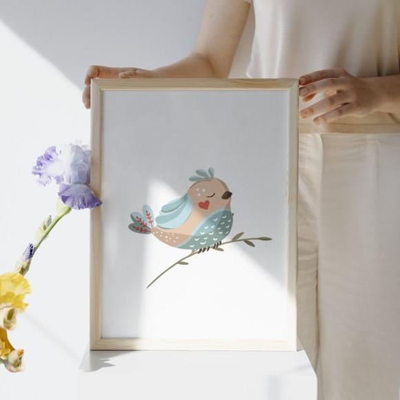 Quadro Infantil Menina Borboleta Pássaro | Proteção em Vidro