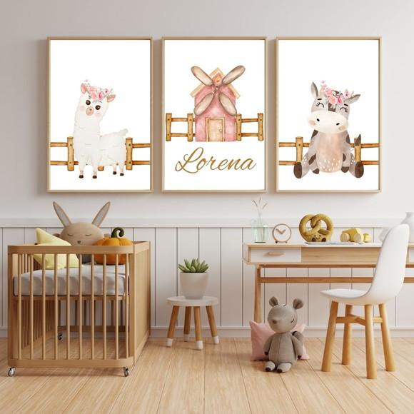 Quadro Infantil Menina com Proteção em Vidro | Tema Fazenda