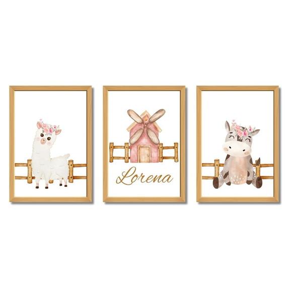 Quadro Infantil Menina com Proteção em Vidro | Tema Fazenda
