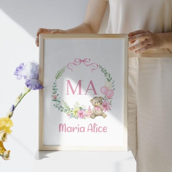 Quadro Infantil Menina Personalizado Ursinha Arco Ires 33x43