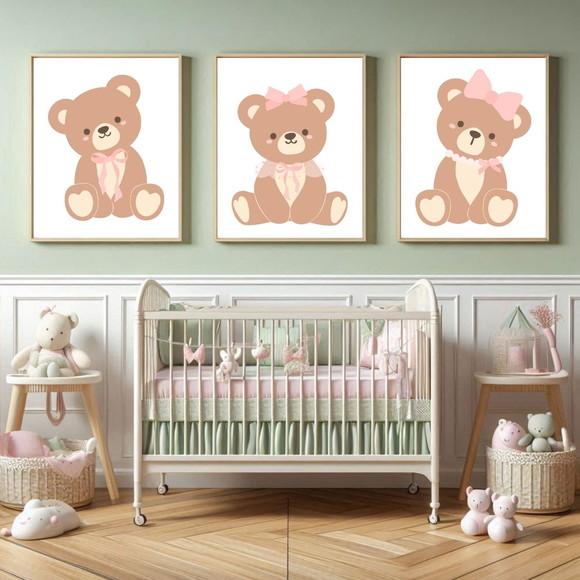 Quadro Infantil Menina Ursa Rosa Quarto de Bebê com Vidro