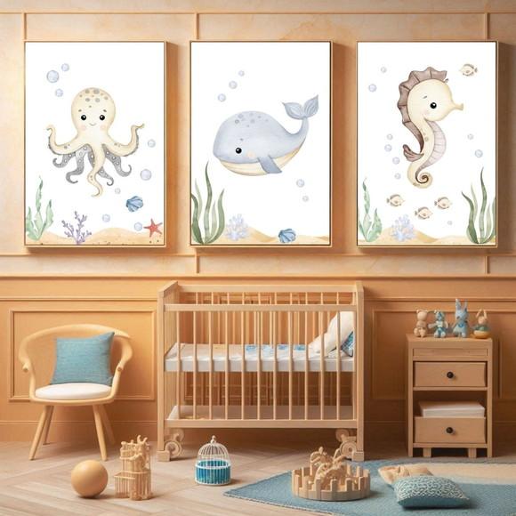 Quadro Infantil para Quarto | Fundo do Mar Moldura com Vidro