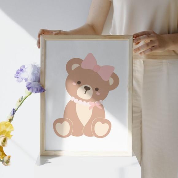 Quadro Infantil Menina Ursa Rosa Quarto de Bebê com Vidro