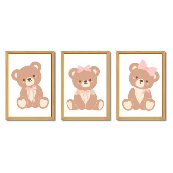 Quadro Infantil Menina Ursa Rosa Quarto de Bebê com Vidro