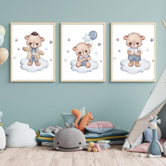 Quadro Infantil para Quarto Aquarela Urso Azul 33x43 C/vidro