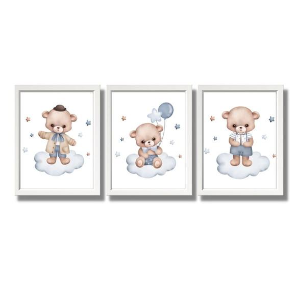 Quadro Infantil para Quarto Aquarela Urso Azul 33x43 C/vidro