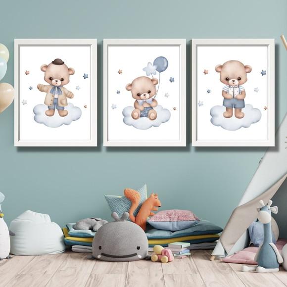 Quadro Infantil para Quarto Aquarela Urso Azul 33x43 C/vidro
